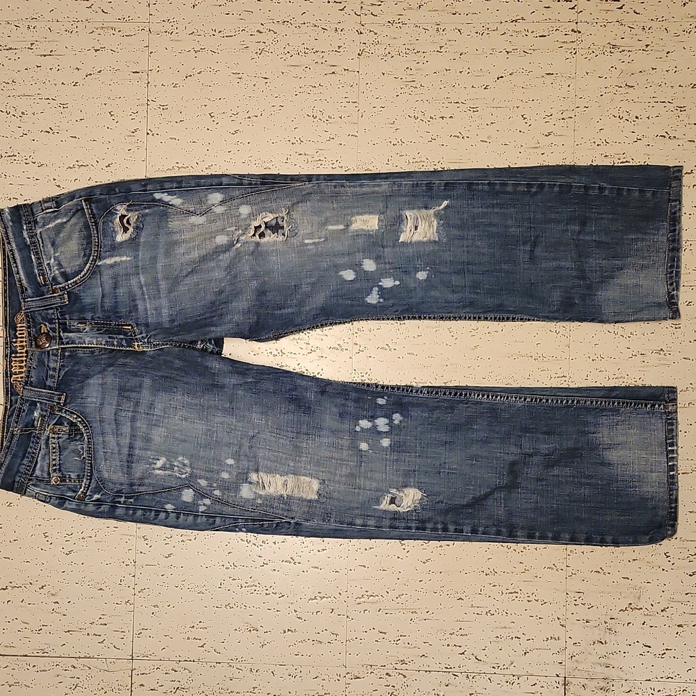 Affliction Distressed Embroidered Straight Leg Baggy Fit Blue Fade Jeans